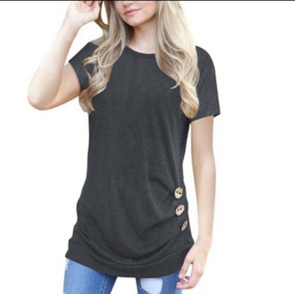 Gray Short-Sleeve Crew Neck Side Button T-Shirt lg
